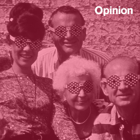 Deborah Sussman and the Eames Office wearing 4th of July Glasses by Sussman
