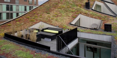 Terraces are cut out of the curved green roof of NL Architects’ Funen Blok K