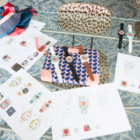 Sketches of initial concepts by Wakako Kishimoto alongside the finished watches and iPad case from the new collection Sketches of initial concepts by Wakako Kishimoto alongside the finished watches and iPad case from the new collection