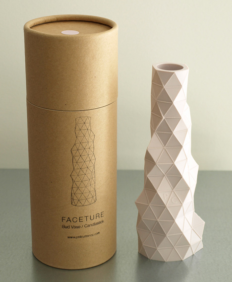 Faceture bud vase/candleholders are packaged in a neat cardboard tube Faceture bud vase/candleholders are packaged in a neat cardboard tube