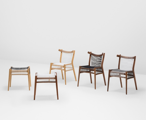 Loom Stools (two on left) and Loom Chairs (three on right)