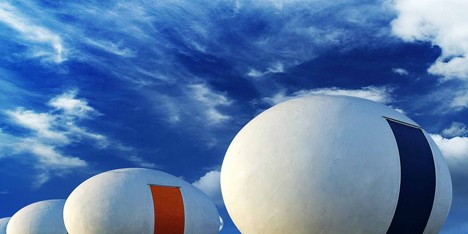 Mobile egg-shaped beach huts installed along a South Korean shoreline