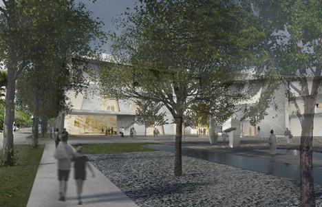 View of the Glassell School of Art facade and Brown Foundation Plaza