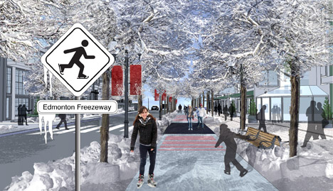 The Edmonton Freezeway curb-side ice-skating rink in Canada