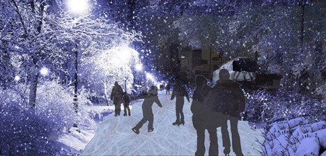 The Edmonton Freezeway curb-side ice-skating rink in Canada