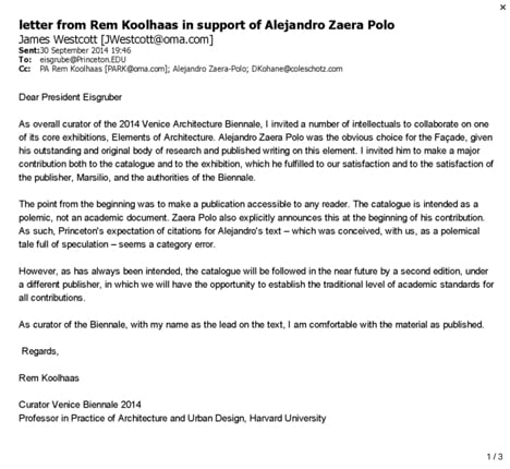Rem Koolhaas email to Princeton president Christopher Eisgruber in support of Alejandro Zaera-Polo