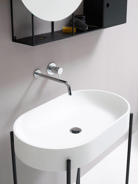 Felt shelf, Hat lamp, and Stand bathtub and basin by Norm Architects for Ex.T