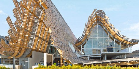 Beijing skyline morphs into a mountain range across the roof of China’s Expo pavilion