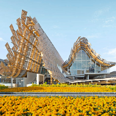 Beijing skyline morphs into a mountain range across the roof of China’s Expo pavilion
