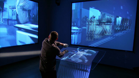 TAMPER, gestural remix tool for cinema, originally commissioned for and exhibited at the University Art Museum, California State University by John Underkoffler. Video rendering code by Andy Wingo, Blake Tregre, Kwindla Hultman Kramer. Rotoscoping and diagrammatic hands by Ed Baker. Photograph courtesy of Oblong Industries