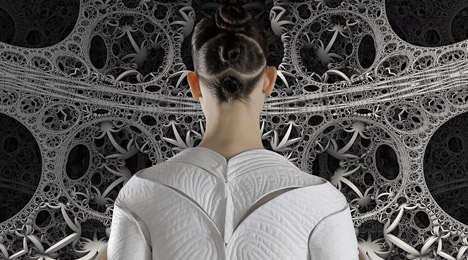 Still from TOPO-GRAPHIC, Fall Winter 2014 collection short film by threeASFOUR in collaboration with animation artist Alex Czetwertynski. Model: Lily McMenamy. Photograph by Brian Gonzalez
