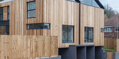 Twin wooden houses by Adam Knibb Architects are raised up above street level