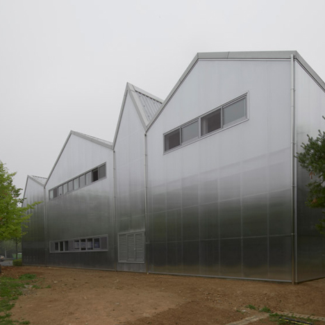 Irregular gables give a jagged roofline to Chae-Pereira’s Gwangmyeong Upcycle Art Center