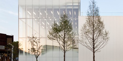 White Block Gallery by SsD features fritted glass designed to evoke morning fog