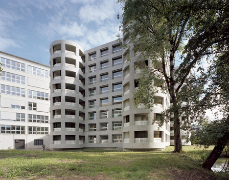 Concrete apartment building in Zellweger Park by Herzog and de Meuron