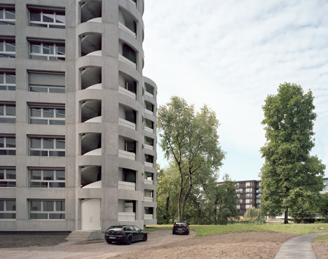Concrete apartment building in Zellweger Park by Herzog and de Meuron