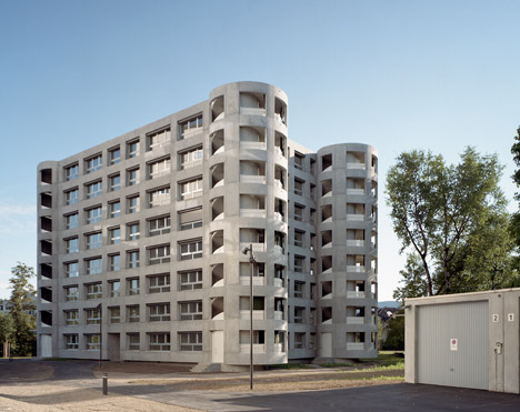 Concrete apartment building in Zellweger Park by Herzog and de Meuron