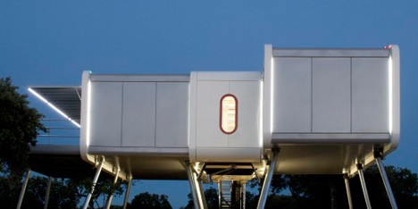 The Spaceship Home by NOEM is a shiny elevated structure influenced by sci-fi movies