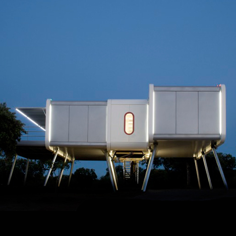 The Spaceship Home by NOEM is a shiny elevated structure influenced by sci-fi movies