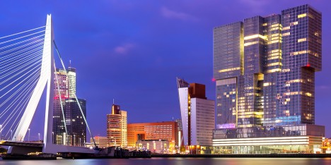 Rotterdam skyline with OMA's De Rotterdam and Ben van Berkel's Erasmus Bridge