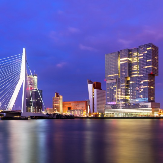 Rotterdam skyline with OMA's De Rotterdam and Ben van Berkel's Erasmus Bridge