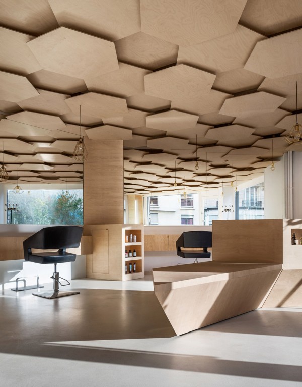 Joshua Florquin adds hexagonal-patterend ceiling to Les Dada East hair salon in Paris