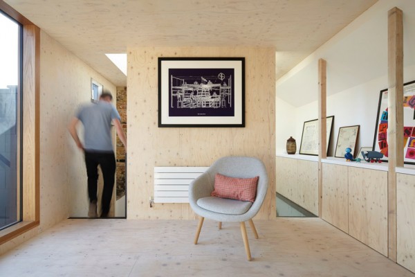 A plywood-lined reading room