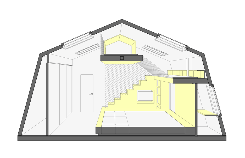 Sectional perspective of sleep and play interior by Ruetemple in Moscow Russia