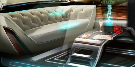 Image showing what Bentley's future autonomous vehicle might look like, featuring large sofas and a holographic butler