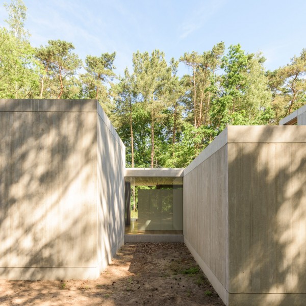 Sculp IT organises concrete boxes around glass corridor to create Belgian woodland home