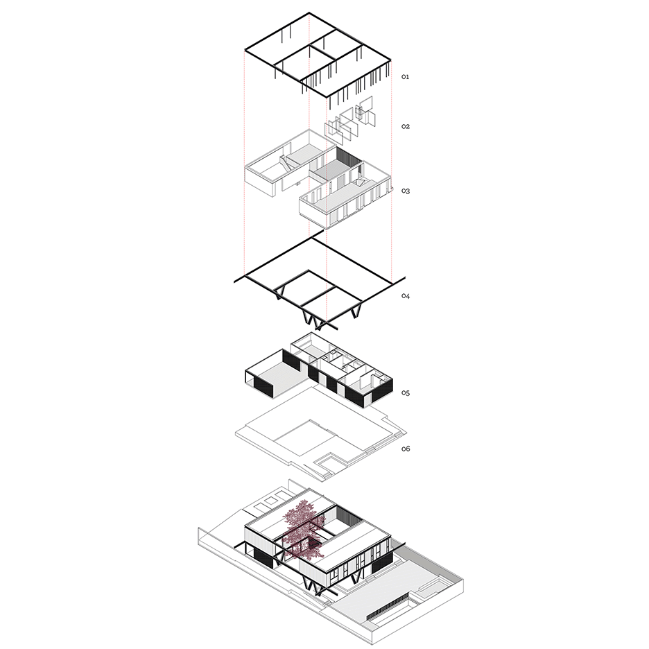Exploded axonometric of House LG by Gregorio Brugnoli Errázuriz