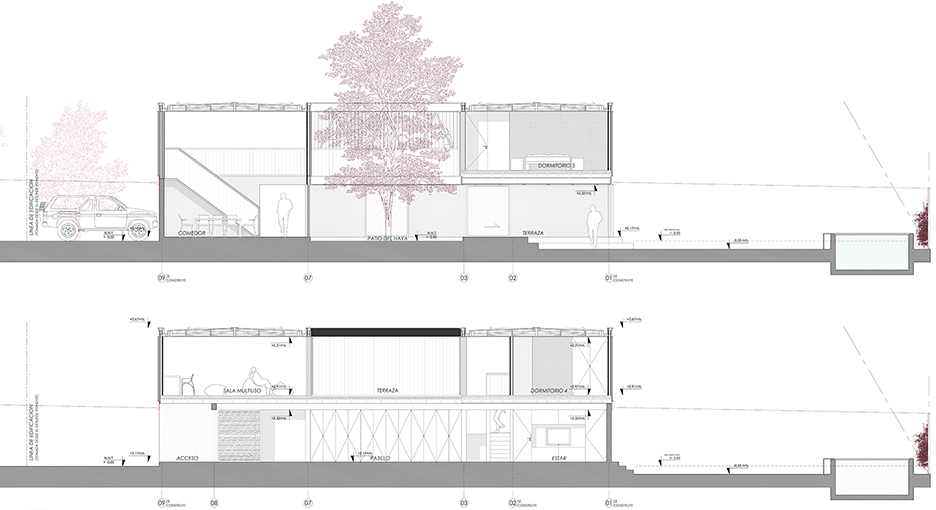 Long sections of House LG by Gregorio Brugnoli Errázuriz