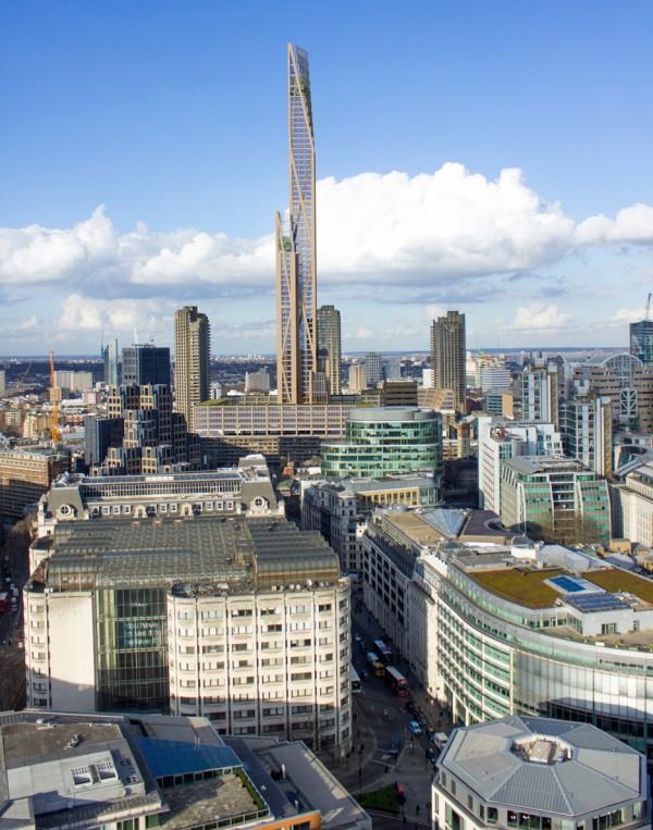300 metre tall wooden skyscraper Oakwood Tower at Barbican by PLP and University of Cambridge