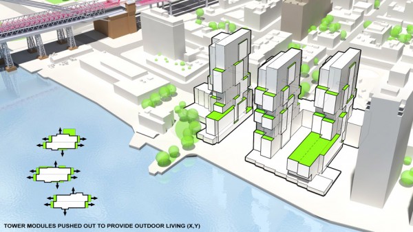 416-420 Kent by ODA in Brooklyn, New York, USA residential apartment block architecture, irregularly stacked boxes