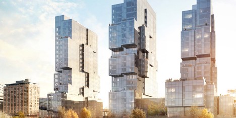 416-420 Kent by ODA in Brooklyn, New York, USA residential apartment block architecture, irregularly stacked boxes