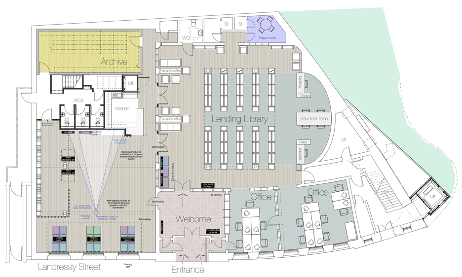 Ground floor plan of Glasgow Women's Library by Collective Architecture in Glasgow, Scotland, UK