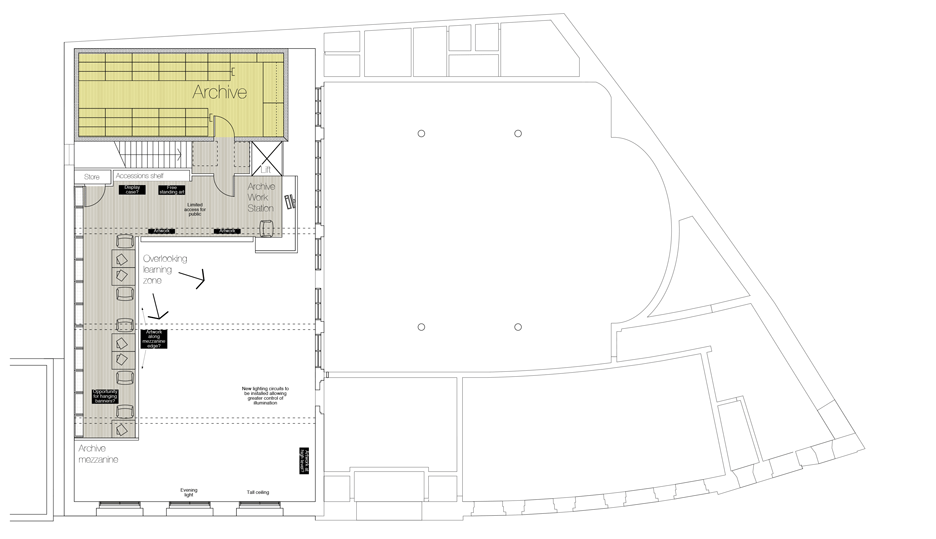 Mezzanine floor plan of Glasgow Women's Library by Collective Architecture in Glasgow, Scotland, UK