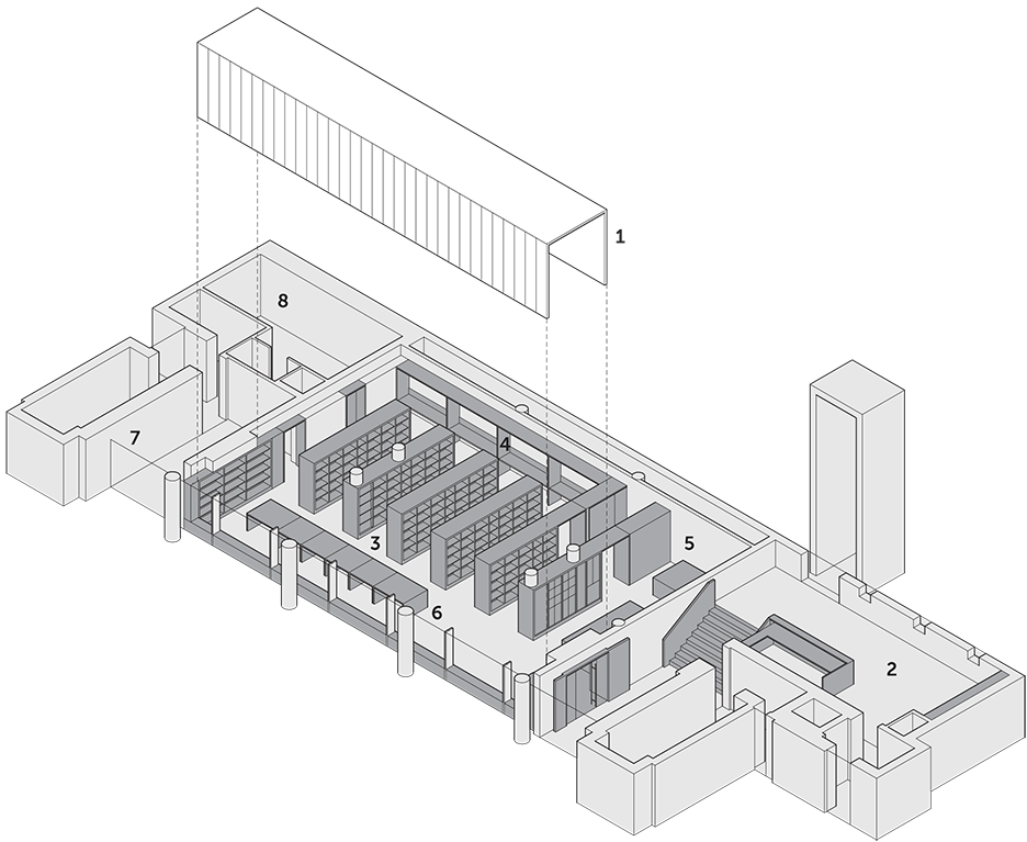 Exploded axonometric of Science Museum Dana Research Centre by Coffey Architects in London, UK