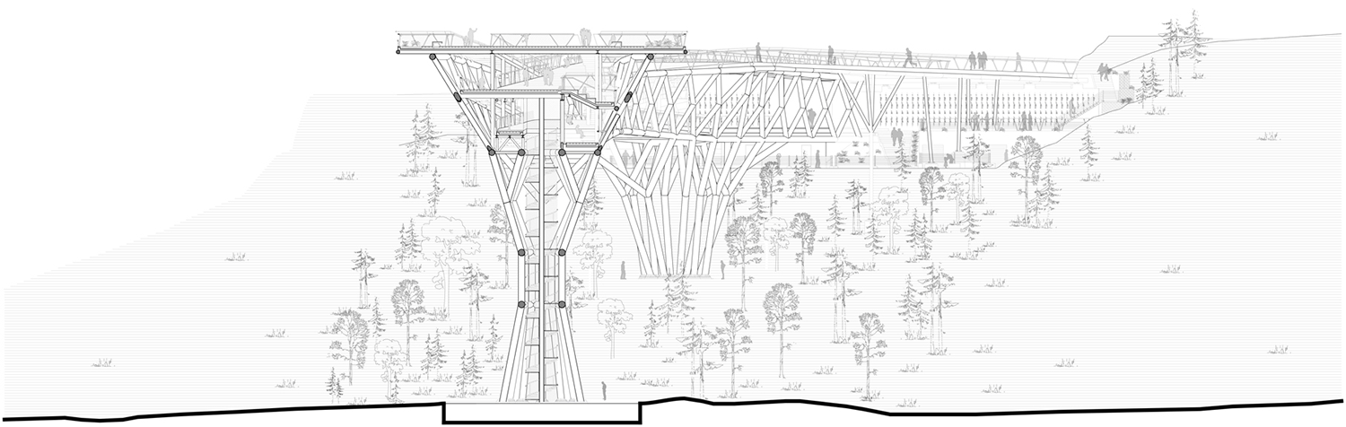 Section bb of Tabiat Bridge by Diba Tensile Architecture in Tehran, Iran