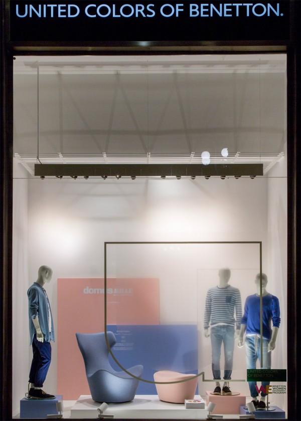 Tribute to Domus window display by Fabrica in Rose Quartz Serenity pantone colours of the year at United Colors of Benetton Milan Design Week