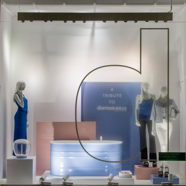 Tribute to Domus window display by Fabrica in Rose Quartz Serenity pantone colours of the year at United Colors of Benetton Milan Design Week