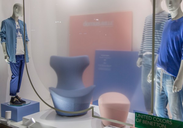 Tribute to Domus window display by Fabrica in Rose Quartz Serenity pantone colours of the year at United Colors of Benetton Milan Design Week