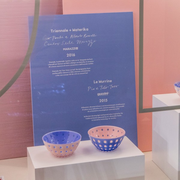 Tribute to Domus window display by Fabrica in Rose Quartz Serenity pantone colours of the year at United Colors of Benetton Milan Design Week