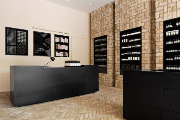 Aesop Bucktown, Chicago, USA interior design by Norman Kelley using herringbone bricks