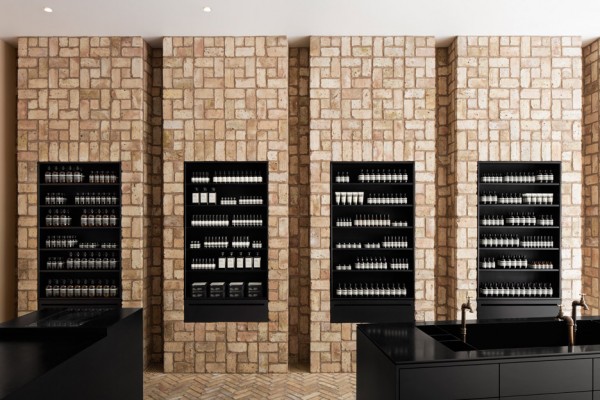 Aesop Bucktown, Chicago, USA interior design by Norman Kelley using herringbone bricks