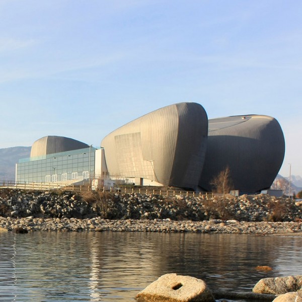 Lakeside theatre designed by Bargone Associati to look like huge rocks