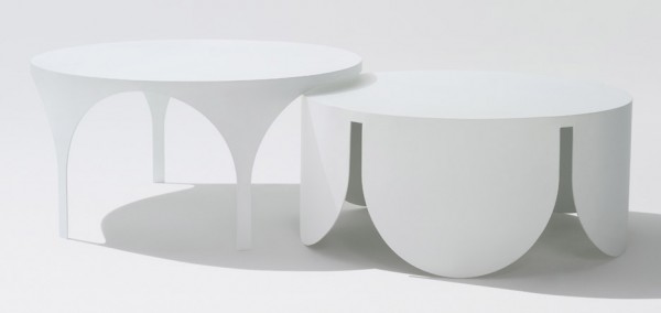 White coated steel coffee tables designed by Boardgrove Architects