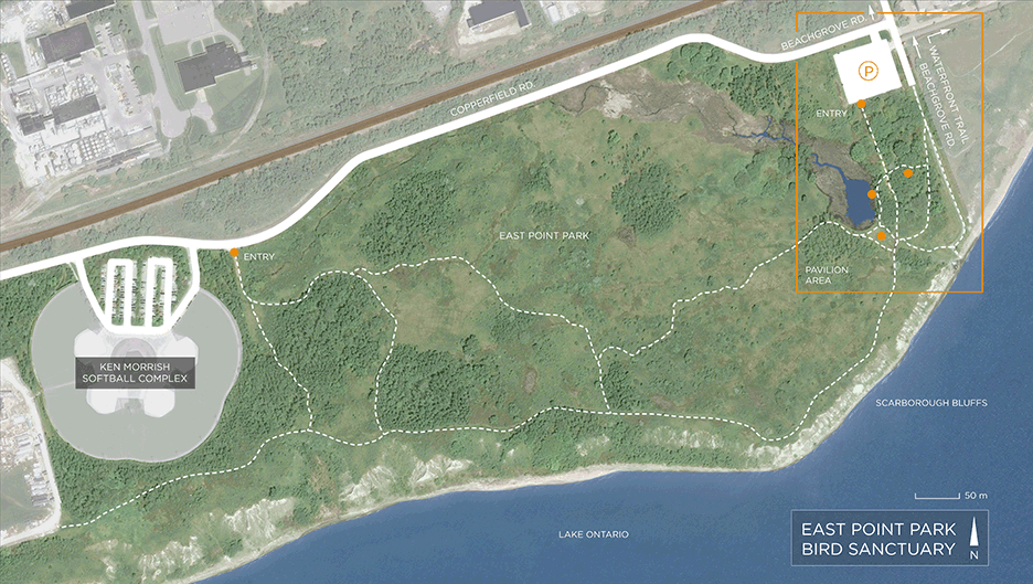 Location plan of East Point Park bird sanctuary weathering steel pavilions by Plant Architect in Toronto, Ontario Canada