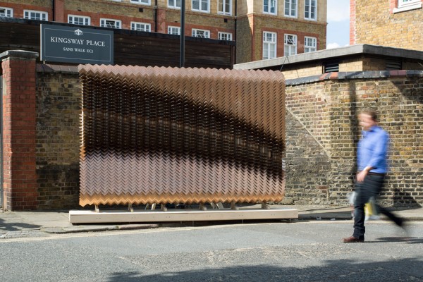 Scale-like glass tile sculpture installation as wayfinding for Clerkenwell Design Week 2016 by Giles Miller Studio