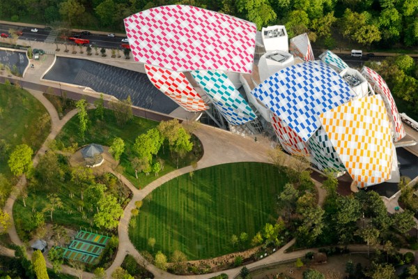 Observatory of Light multicoloured glass installation by Daniel Buren at the Fondation Louis Vuitton by Frank Gehry in Paris, France